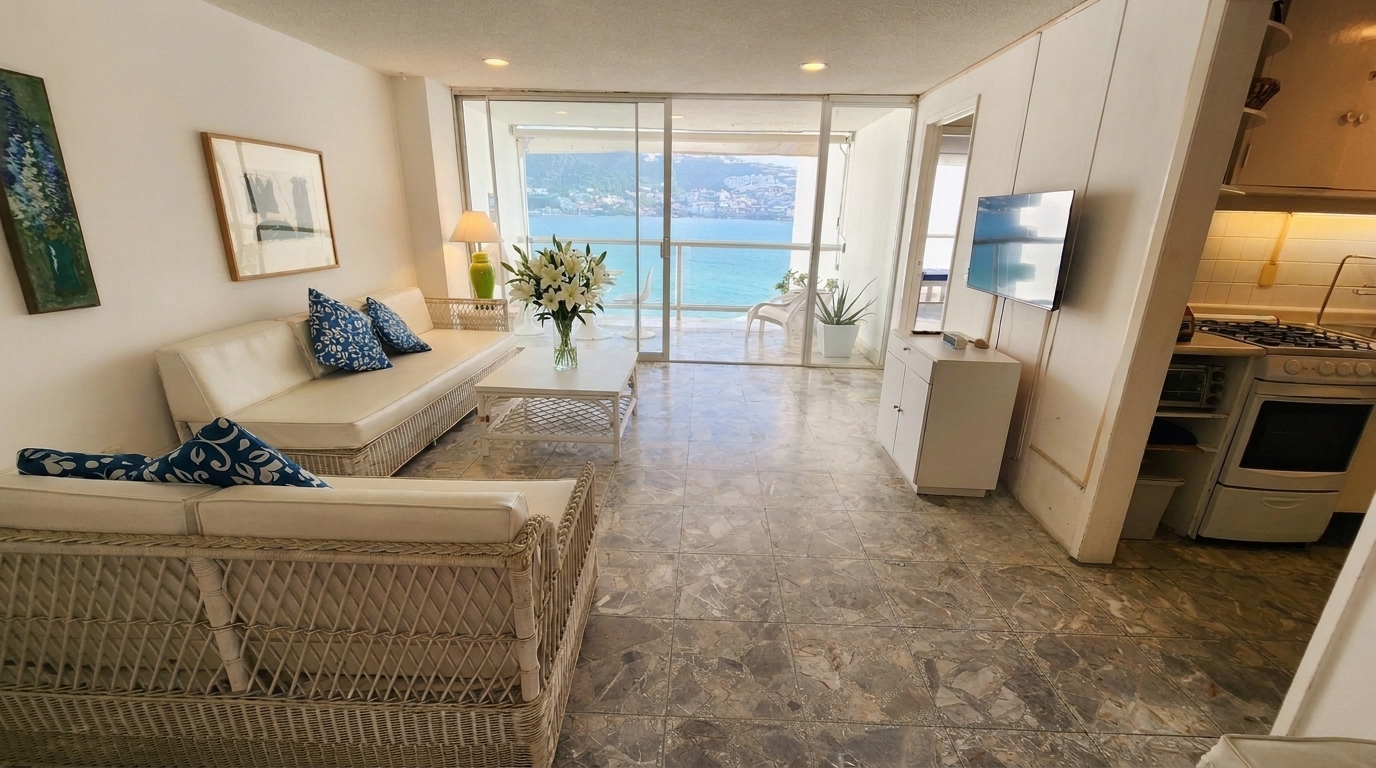 The living room and kitchen